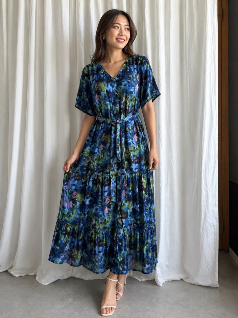 Time and Tru Blue Floral Tiered V-Neck Maxi Dress